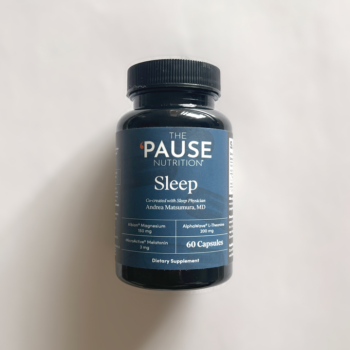 Bottle of 'The Pause Nutrition Sleep' supplement on a white background