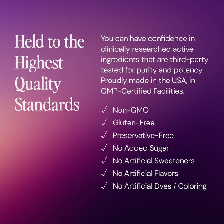 Text on a gradient purple background about quality standards and product features.
