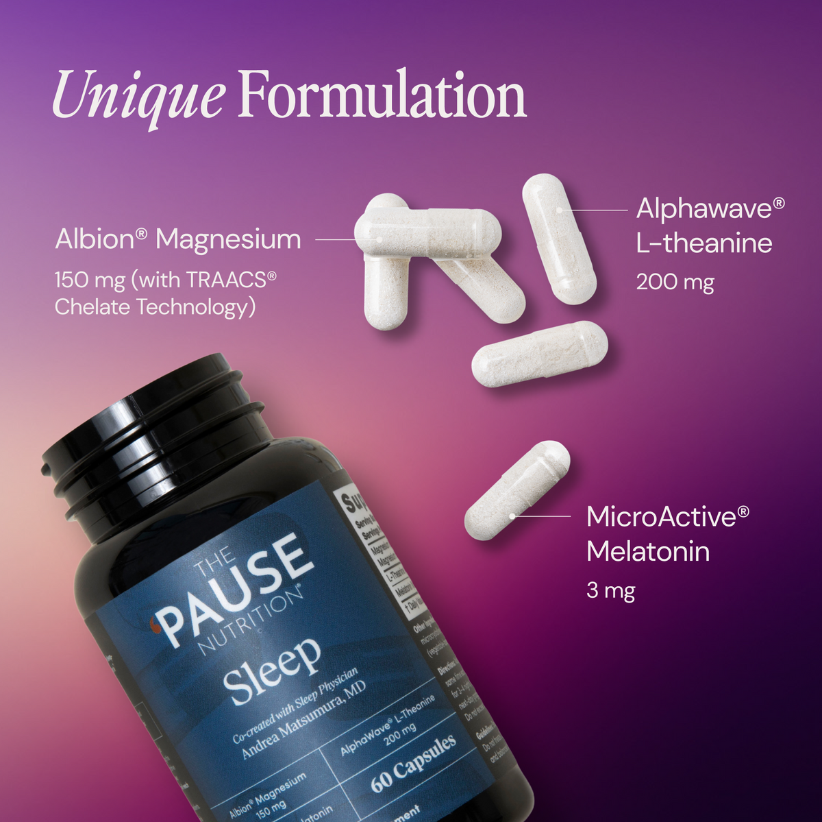 PAUSE Nutrition sleep supplement bottle with ingredients on a purple background
