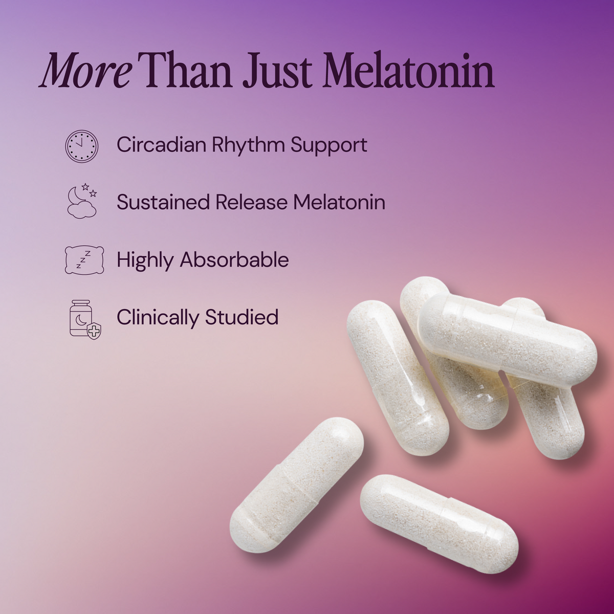 White capsules with text about melatonin on a gradient purple background