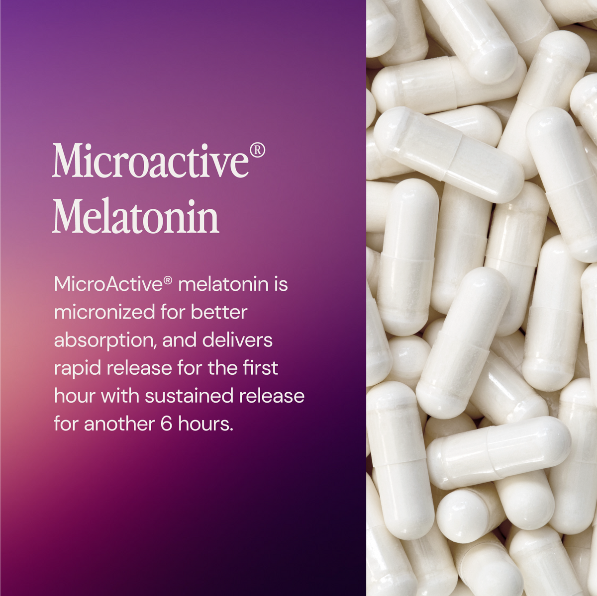 White capsules on a purple background with Microactive Melatonin text