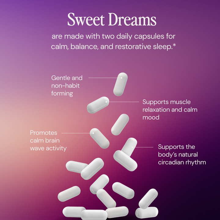 White capsules falling against a purple gradient background with text about 'Sweet Dreams' capsules.