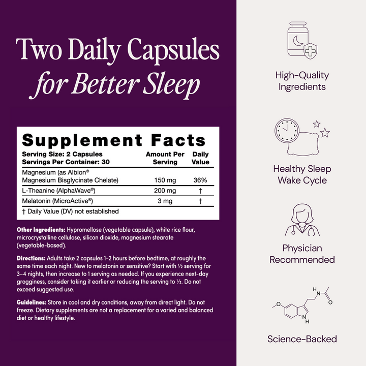 Supplement label for sleep aid capsules with supplement facts and benefits listed.