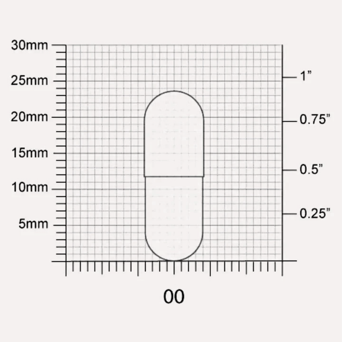 Measurement chart showing a size 00 pill and its dimensions in millimeters and inches.