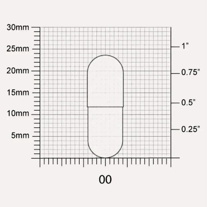 Measurement chart showing a size 00 pill and its dimensions in millimeters and inches.