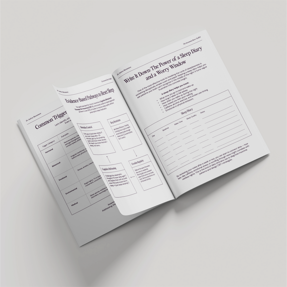 Open book with pages showing text and forms on a light gray background