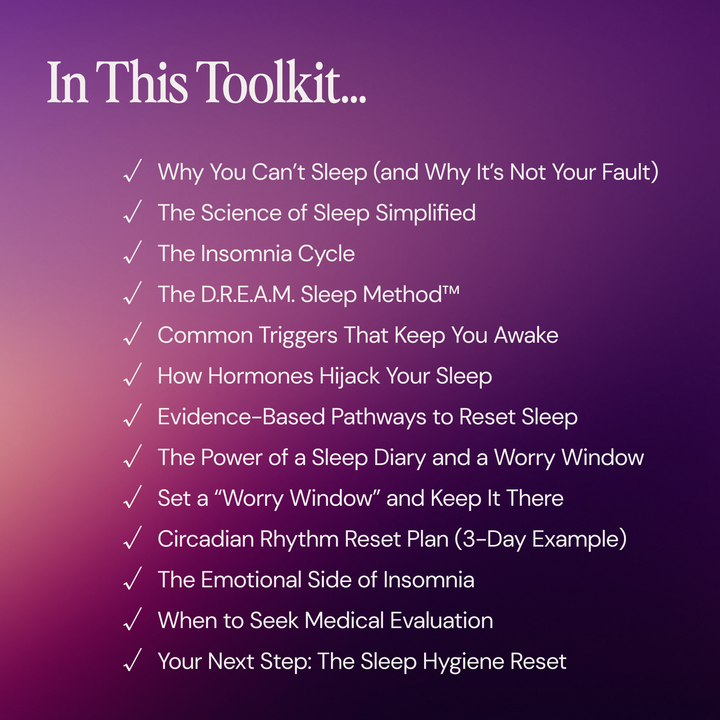 List of topics in a sleep toolkit on a purple gradient background