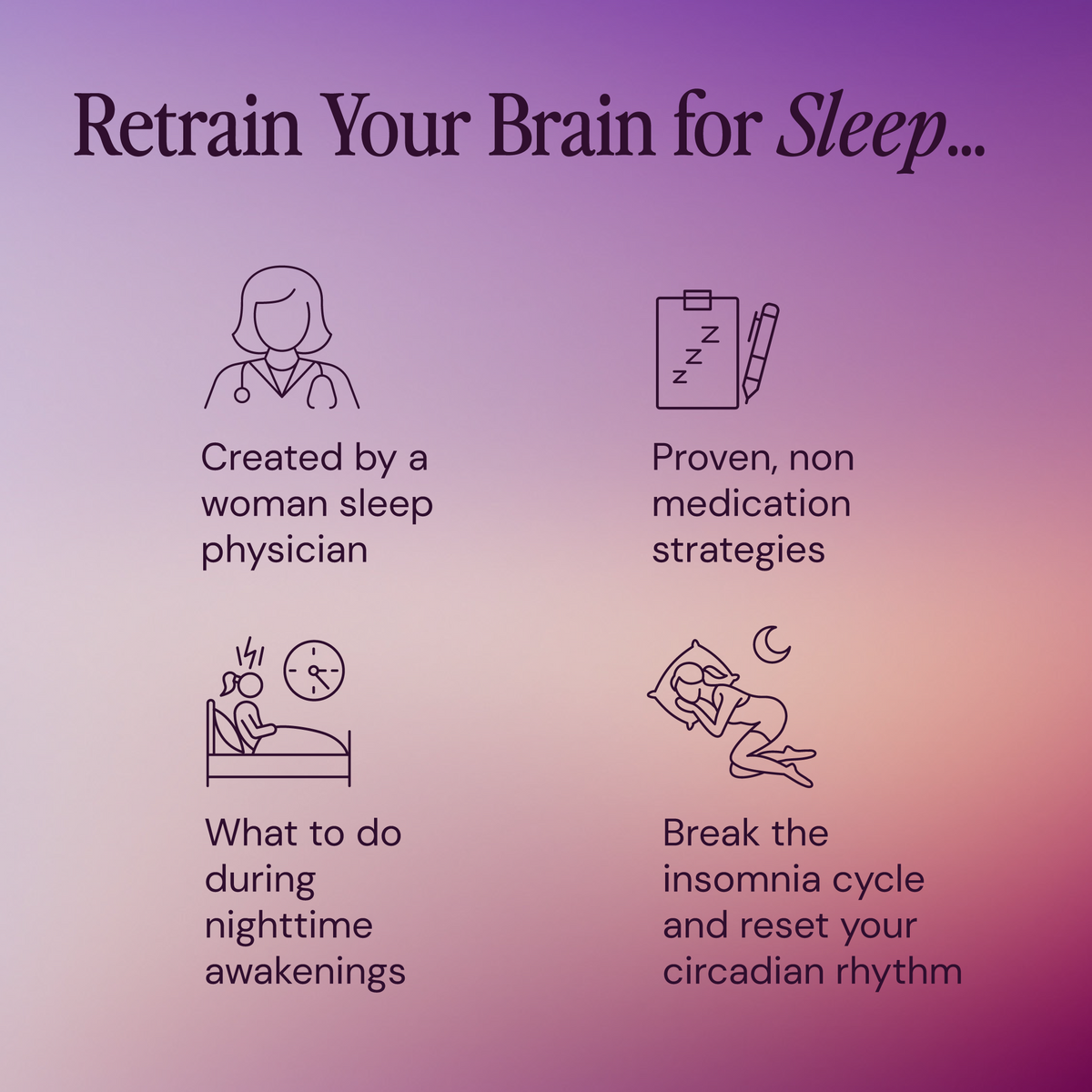 Promotional graphic for sleep strategies with icons and text on a gradient purple background.