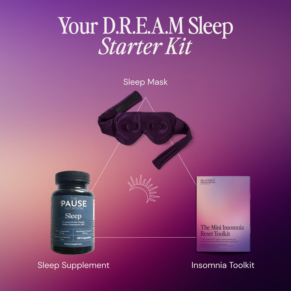 Sleep Starter Kit with sleep mask, supplement, and toolkit on a purple gradient background