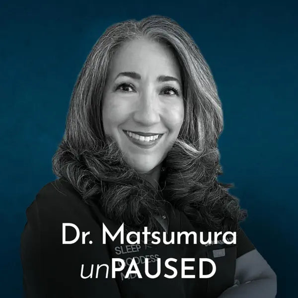Dr. Andrea Matsumura with text 'Dr. Matsumura unPAUSED' on a blue background